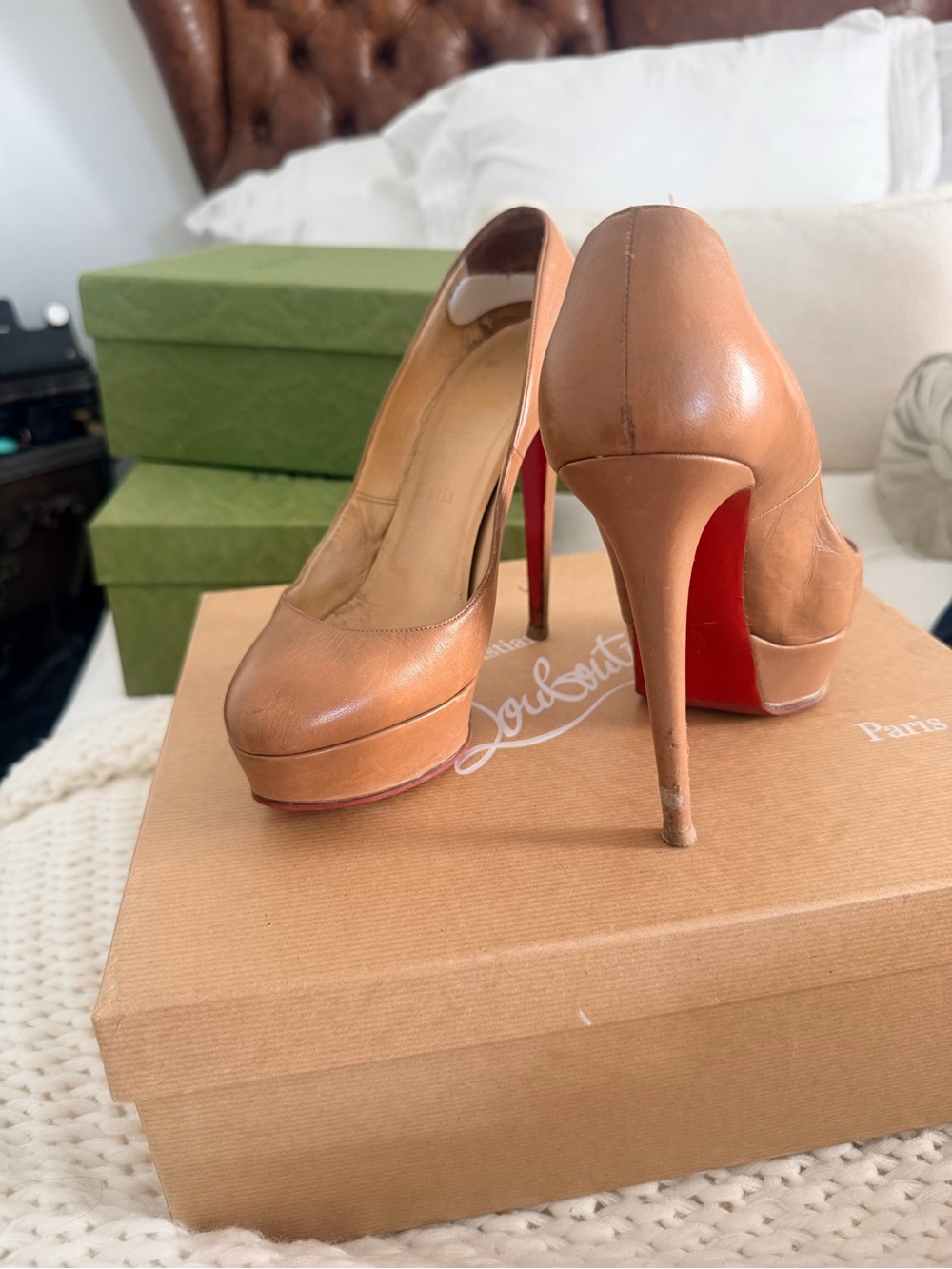 Christian Louboutin Camel Leather Platform Pumps with Red Soles